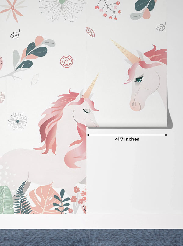 Cute Unicorns Wallpaper, Floral Mural, Oversized Custom Size Wall Art, Non-Woven, Non-Adhesive, Modern Wall Paper, Removable