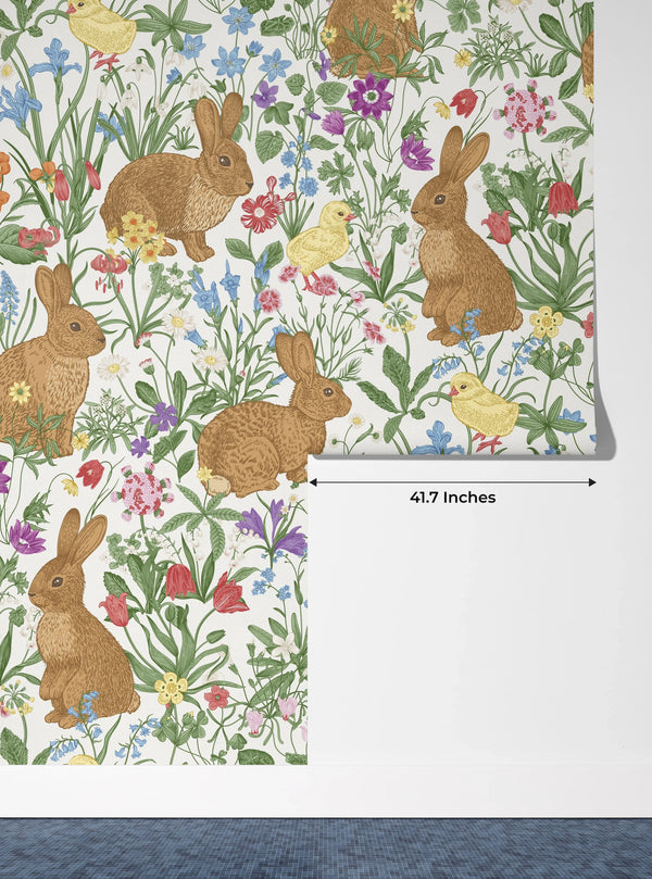 Bunnies and Chicks Wallpaper, Seamless Pattern Mural, Oversized Custom Size Wall Art, Non-Woven, Non-Adhesive, Modern Wall Paper, Removable