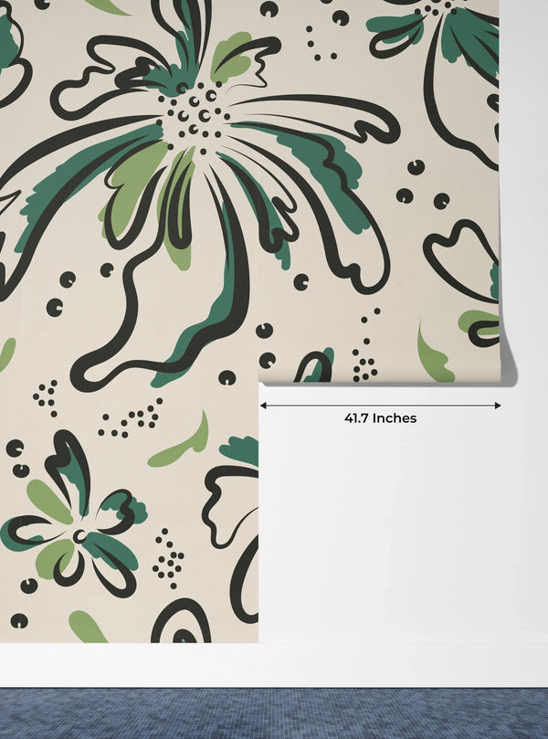 Floral Wallpaper, Black and Green Mural, Oversized Custom Size Wall Art, Non-Woven, Non-Adhesive, Modern Wall Paper, Removable