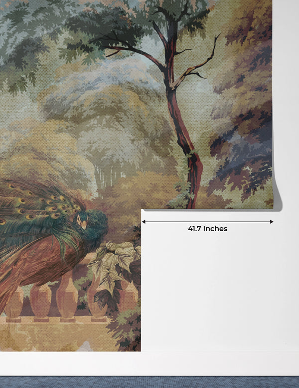 Peacock Wallpaper, Vintage Drawing Mural, Oversized Custom Size Wall Art, Non-Woven, Non-Adhesive, Modern Wall Paper, Removable
