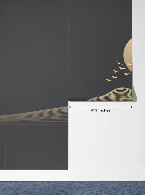 Abstract Gold Landscape Wallpaper, Mountain and Birds, Black Background Mural, Oversized Custom Size Wall Art, Non-Woven, Non-Adhesive, Modern Wall Paper, Removable