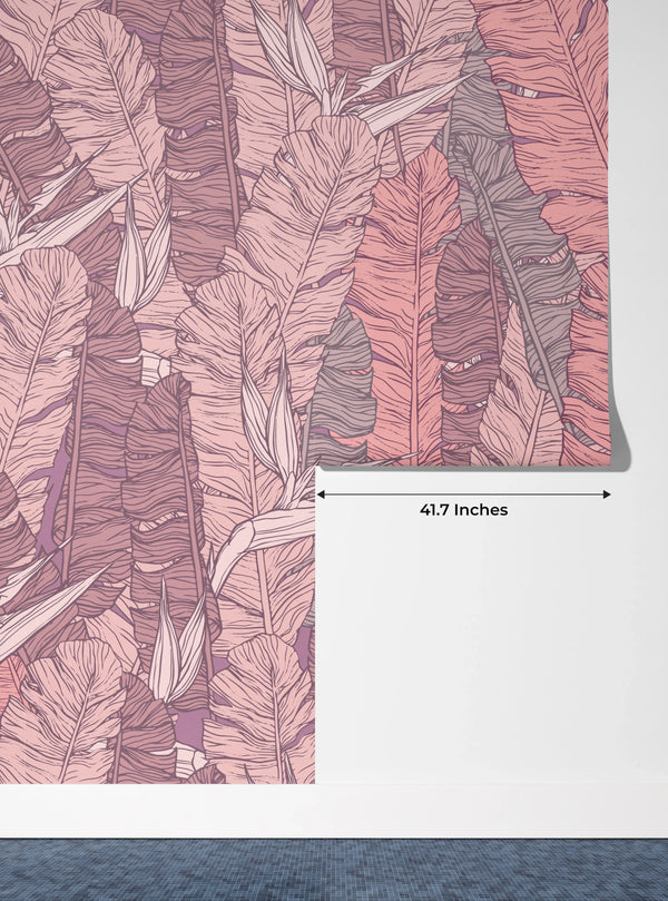 Coral Tropical Leaves Wallpaper, Seamless Pattern Mural, Oversized Custom Size Wall Art, Non-Woven, Non-Adhesive, Modern Wall Paper, Removable