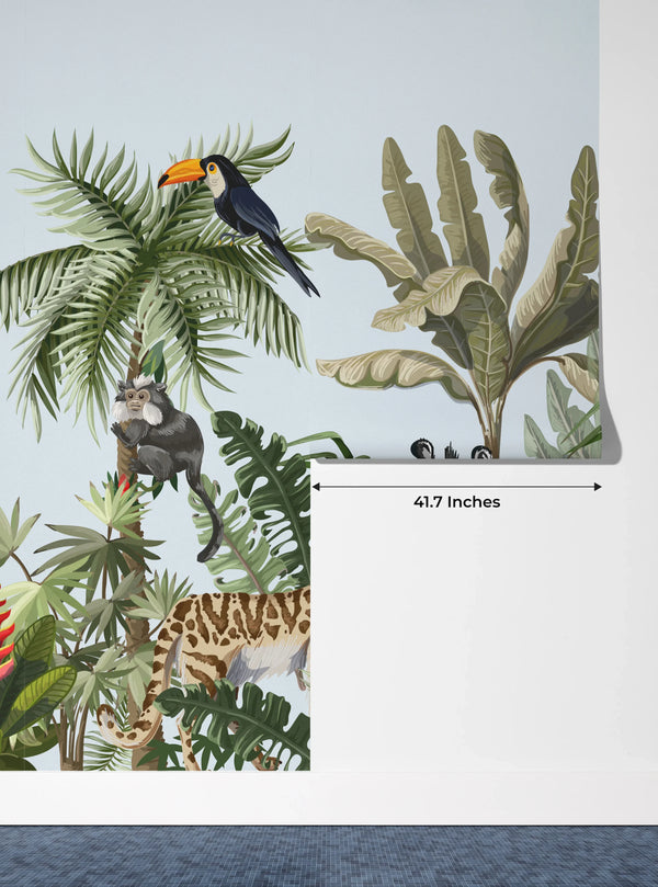 Jungle Animals Wallpaper, Flowers Mural, Oversized Custom Size Wall Art, Non-Woven, Non-Adhesive, Modern Wall Paper, Removable