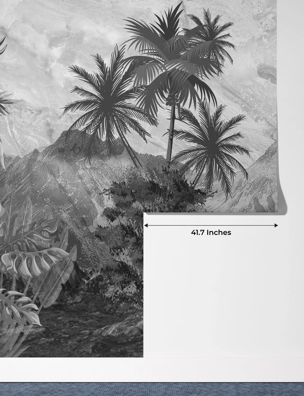 Black and White Jungle Wallpaper, Exotic Trees Mural, Oversized Custom Size Wall Art, Non-Woven, Non-Adhesive, Modern Wall Paper, Removable