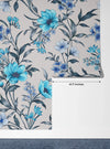 Blue Floral Wallpaper, Seamless Pattern Mural, Oversized Custom Size Wall Art, Non-Woven, Non-Adhesive, Modern Wall Paper, Removable
