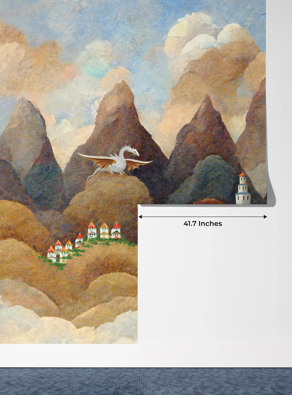 Castle and Dragon Wallpaper, Painted Style Mural, Oversized Custom Size Wall Art, Non-Woven, Non-Adhesive, Modern Wall Paper, Removable