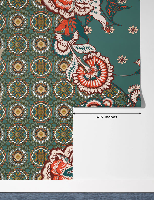 Patchwork Floral Pattern Wallpaper, Paisley and Indian Flowers Mural, Oversized Custom Size Wall Art, Non-Woven, Non-Adhesive, Modern Wall Paper, Removable