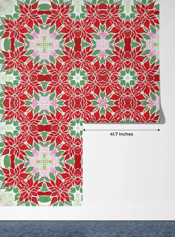 Christmas Poinsettia Retro Wallpaper, Seamless Pattern Mural, Oversized Custom Size Wall Art, Non-Woven, Non-Adhesive, Modern Wall Paper, Removable