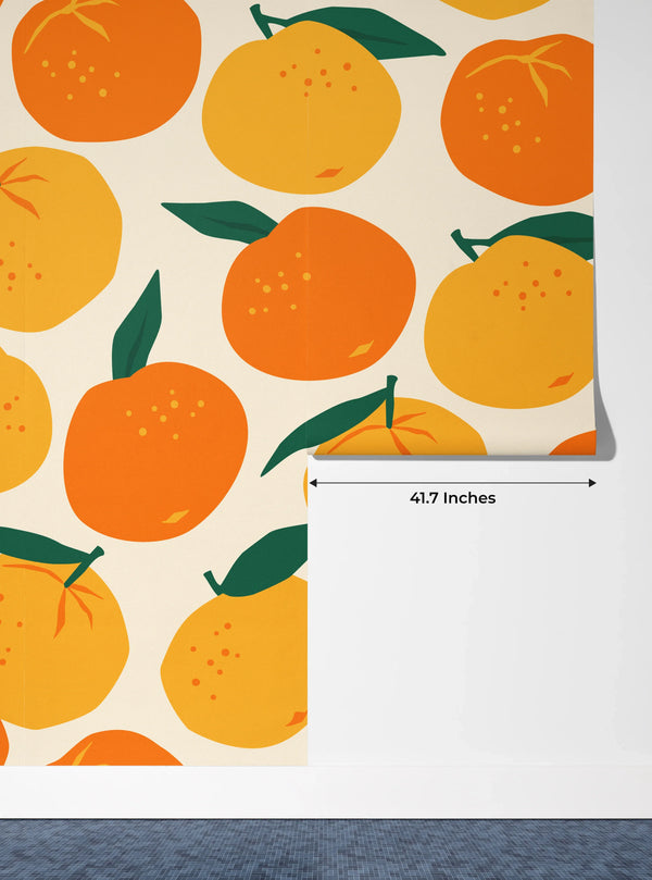 Mandarins, Beige Background Wallpaper, Seamless Pattern Mural, Oversized Custom Size Wall Art, Non-Woven, Non-Adhesive, Modern Wall Paper, Removable