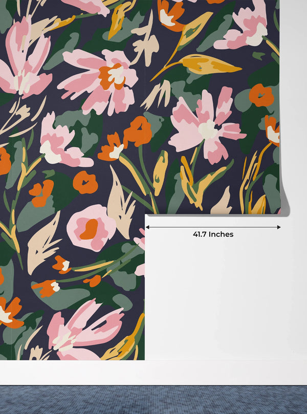 Watercolor Pink Wildflowers Wallpaper, Seamless Pattern Mural, Oversized Custom Size Wall Art, Non-Woven, Non-Adhesive, Modern Wall Paper, Removable