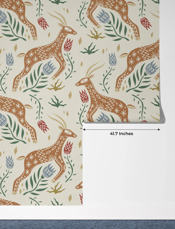 Celestial Folk Antilope Wallpaper, Boho Mural, Oversized Custom Size Wall Art, Non-Woven, Non-Adhesive, Modern Wall Paper, Removable