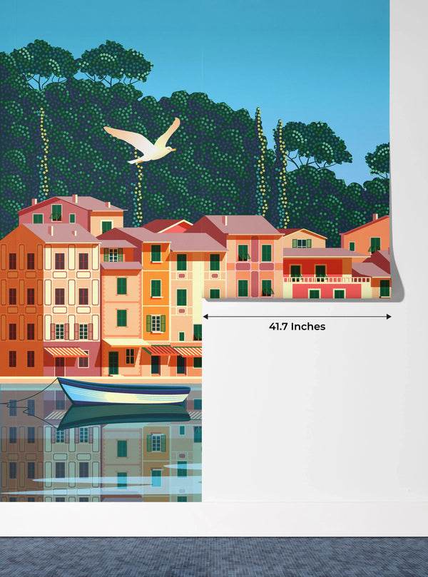 Summer day in Village Wallpaper, Boats, Sea Mural, Oversized Custom Size Wall Art, Non-Woven, Non-Adhesive, Modern Wall Paper, Removable