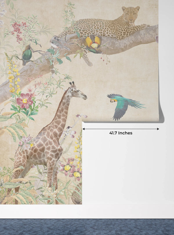 Tropical Trees Wallpaper, Safari Animals Mural, Oversized Custom Size Wall Art, Non-Woven, Non-Adhesive, Modern Wall Paper, Removable
