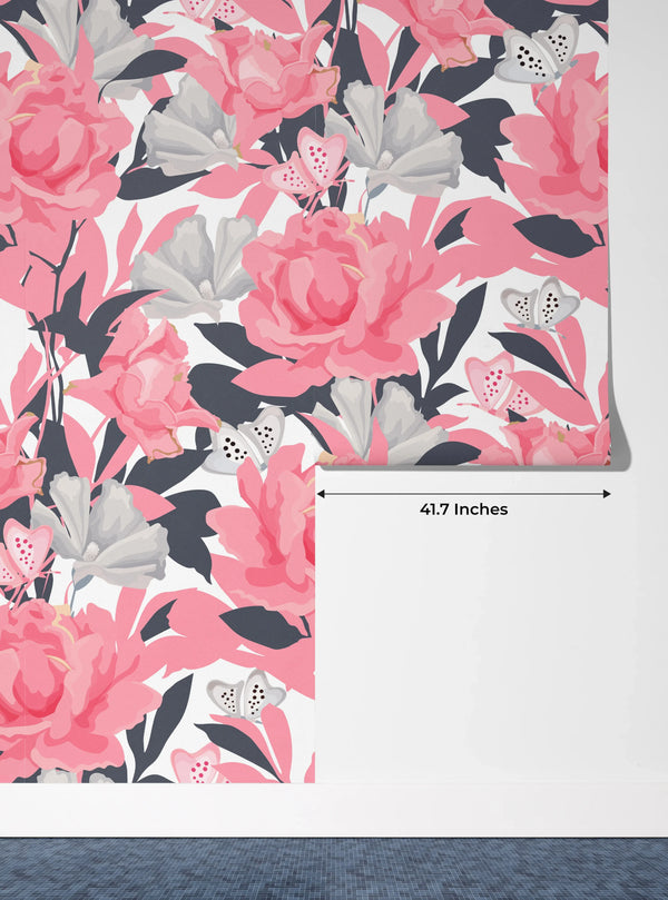 Pink Flowers Wallpaper, Seamless Pattern Mural, Oversized Custom Size Wall Art, Non-Woven, Non-Adhesive, Modern Wall Paper, Removable