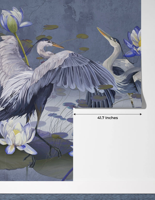 Birds Wallpaper, Lotus and Blue Background Mural, Oversized Custom Size Wall Art, Non-Woven, Non-Adhesive, Modern Wall Paper, Removable