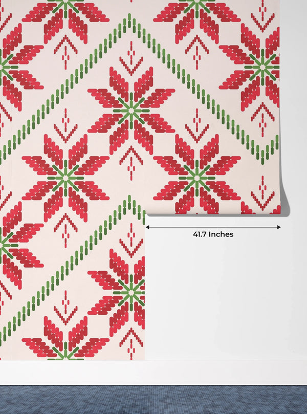 Christmas Ikat Wallpaper, Seamless Pattern Mural, Oversized Custom Size Wall Art, Non-Woven, Non-Adhesive, Modern Wall Paper, Removable