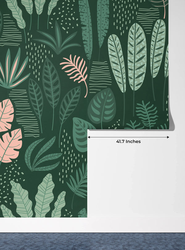 Hand Drawn Tropical Leaves Wallpaper, Seamless Pattern Mural, Oversized Custom Size Wall Art, Non-Woven, Non-Adhesive, Modern Wall Paper, Removable