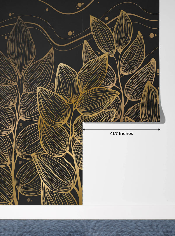 Exotic Golden Leaves Wallpaper, Seamless Pattern Mural, Oversized Custom Size Wall Art, Non-Woven, Non-Adhesive, Modern Wall Paper, Removable