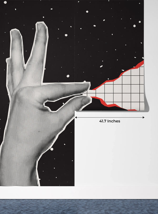 Hand Pulls a Sheet of Checkered Paper Wallpaper, Outer Space Background Mural, Oversized Custom Size Wall Art, Non-Woven, Non-Adhesive, Modern Wall Paper, Removable