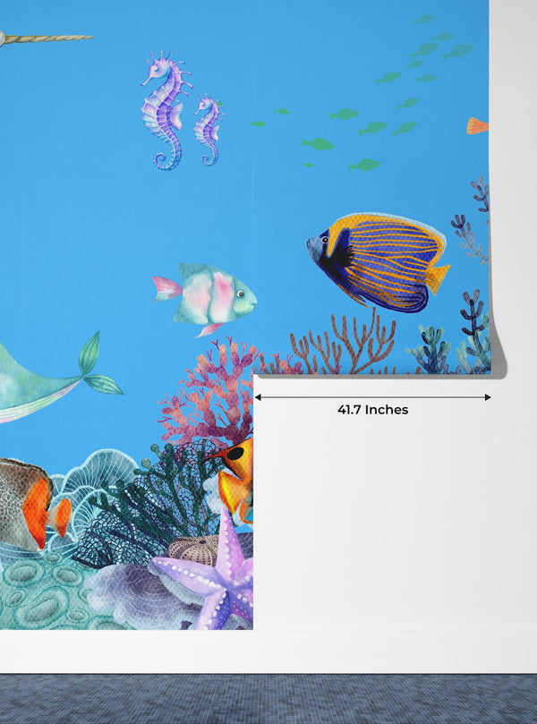 Underwater Wallpaper, Sea Animals Mural, Oversized Custom Size Wall Art, Non-Woven, Non-Adhesive, Modern Wall Paper, Removable