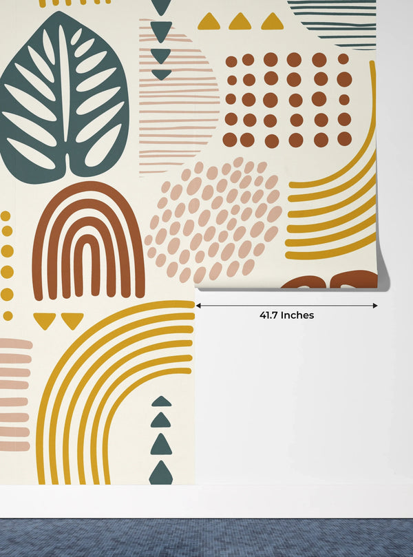 Abstract Leaves and Geometric Shapes Wallpaper, Seamless Pattern Mural, Oversized Custom Size Wall Art, Non-Woven, Non-Adhesive, Modern Wall Paper, Removable