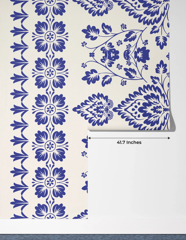 Ikat Floral Paisley Wallpaper, White Background Mural, Oversized Custom Size Wall Art, Non-Woven, Non-Adhesive, Modern Wall Paper, Removable