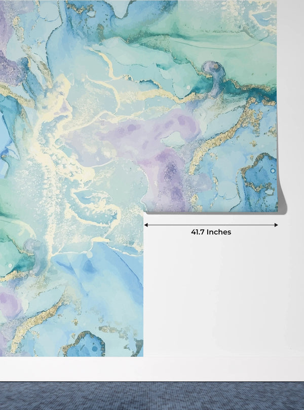 Blue Marble, Purple Ink Wallpaper, Gold Abstract Mural, Oversized Custom Size Wall Art, Non-Woven, Non-Adhesive, Modern Wall Paper, Removable