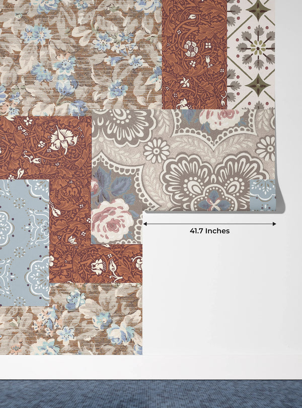 Floral Wallpaper, Brown and Blue Patchwork Mural, Oversized Custom Size Wall Art, Non-Woven, Non-Adhesive, Modern Wall Paper, Removable