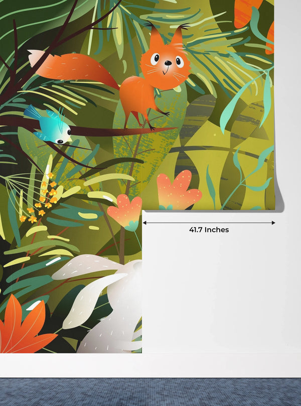 Forest Animals Wallpaper, Wild Woodland Mural, Oversized Custom Size Wall Art, Non-Woven, Non-Adhesive, Modern Wall Paper, Removable