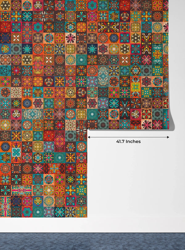 Colorful Vintage Floral and Mandala Elements Wallpaper, Seamless Pattern Mural, Oversized Custom Size Wall Art, Non-Woven, Non-Adhesive, Modern Wall Paper, Removable
