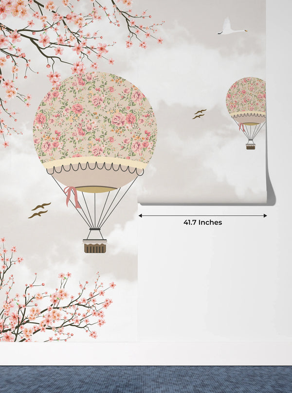 Kids Balloons Wallpaper, Tree Branches Mural, Oversized Custom Size Wall Art, Non-Woven, Non-Adhesive, Modern Wall Paper, Removable