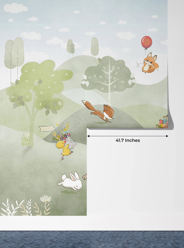 Cute Animals Wallpaper, Woodland Summer Mural, Oversized Custom Size Wall Art, Non-Woven, Non-Adhesive, Modern Wall Paper, Removable