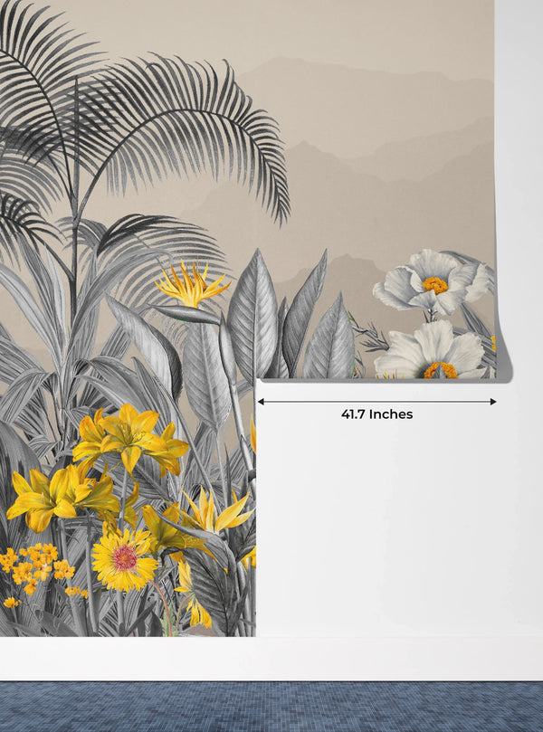 Grey Plants Wallpaper, Yellow Flowers Mural, Oversized Custom Size Wall Art, Non-Woven, Non-Adhesive, Modern Wall Paper, Removable