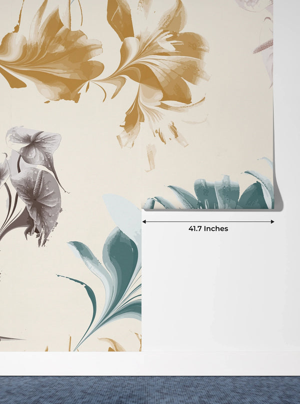 Watercolor Flower and Leaf Wallpaper, Seamless Pattern Mural, Oversized Custom Size Wall Art, Non-Woven, Non-Adhesive, Modern Wall Paper, Removable