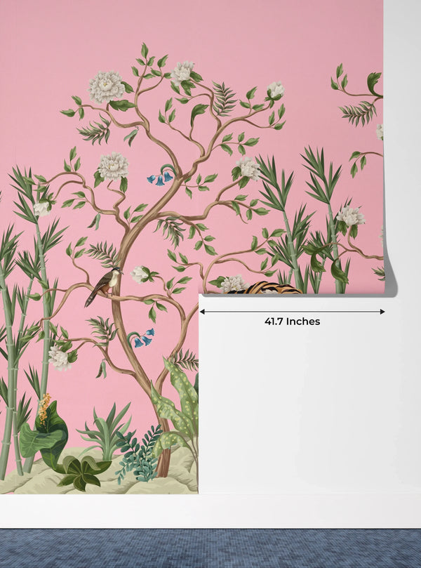 Tigers and Trees Wallpaper, Pink Background Mural, Oversized Custom Size Wall Art, Non-Woven, Non-Adhesive, Modern Wall Paper, Removable