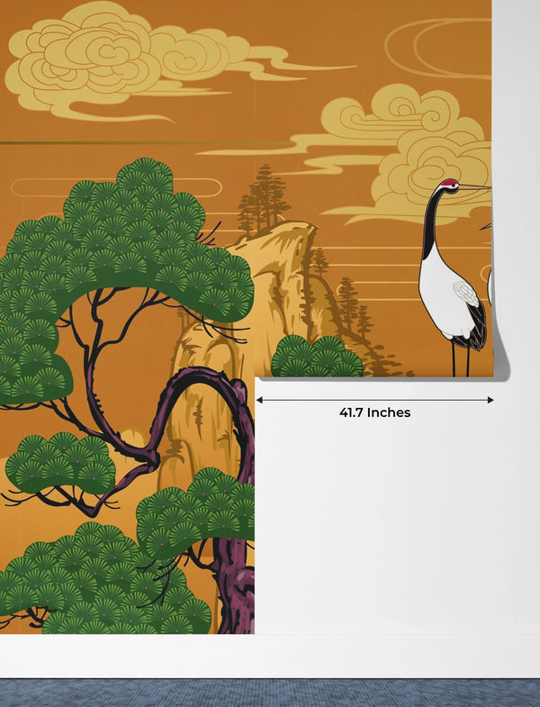 Japanese Landscape Wallpaper, Cranes Mural, Oversized Custom Size Wall Art, Non-Woven, Non-Adhesive, Modern Wall Paper, Removable