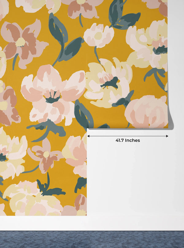Abstract Floral, Yellow Background Wallpaper, Seamless Pattern Mural, Oversized Custom Size Wall Art, Non-Woven, Non-Adhesive, Modern Wall Paper, Removable