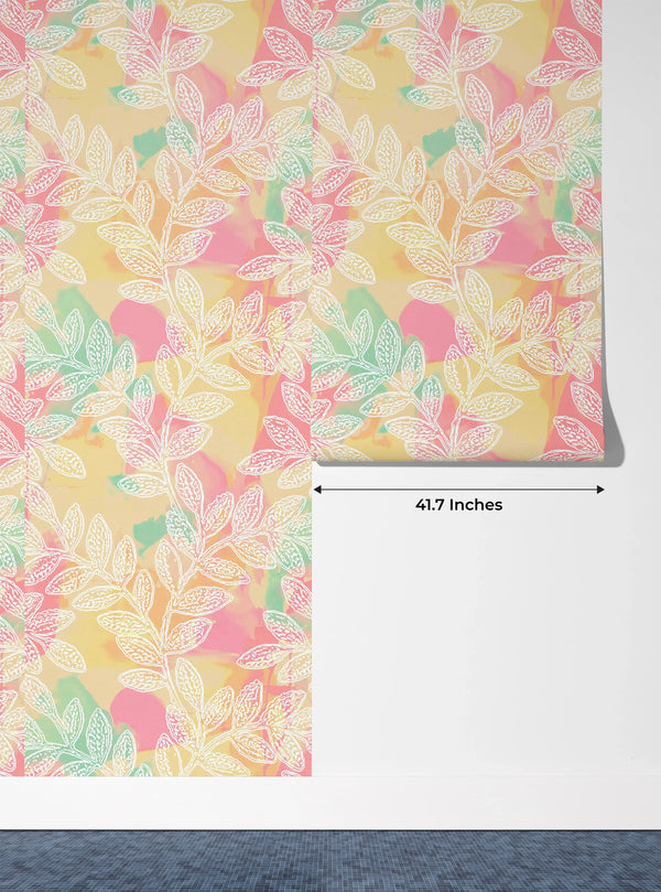 White Leaf Branches Wallpaper, Colorful Background Mural, Oversized Custom Size Wall Art, Non-Woven, Non-Adhesive, Modern Wall Paper, Removable