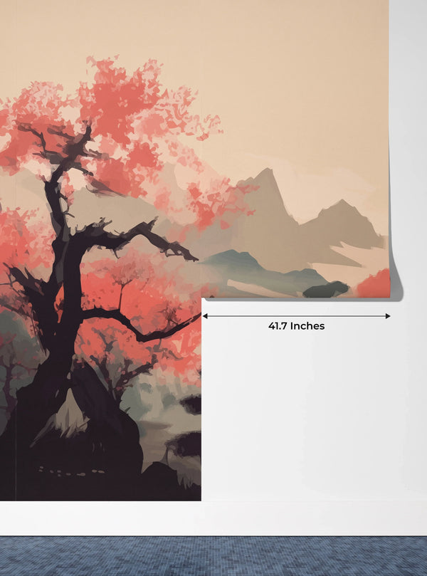 Sakura Trees Wallpaper, Traditional Ink Landscape Mural, Oversized Custom Size Wall Art, Non-Woven, Non-Adhesive, Modern Wall Paper, Removable