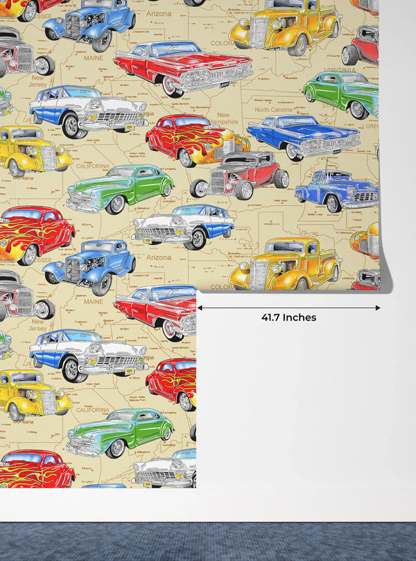Kids Cars Wallpaper, Seamless Pattern Mural, Oversized Custom Size Wall Art, Non-Woven, Non-Adhesive, Modern Wall Paper, Removable