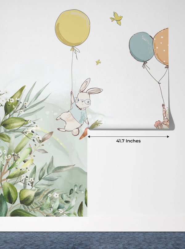 Bunnies Wallpaper, Fly Balloons Mural, Oversized Custom Size Wall Art, Non-Woven, Non-Adhesive, Modern Wall Paper, Removable