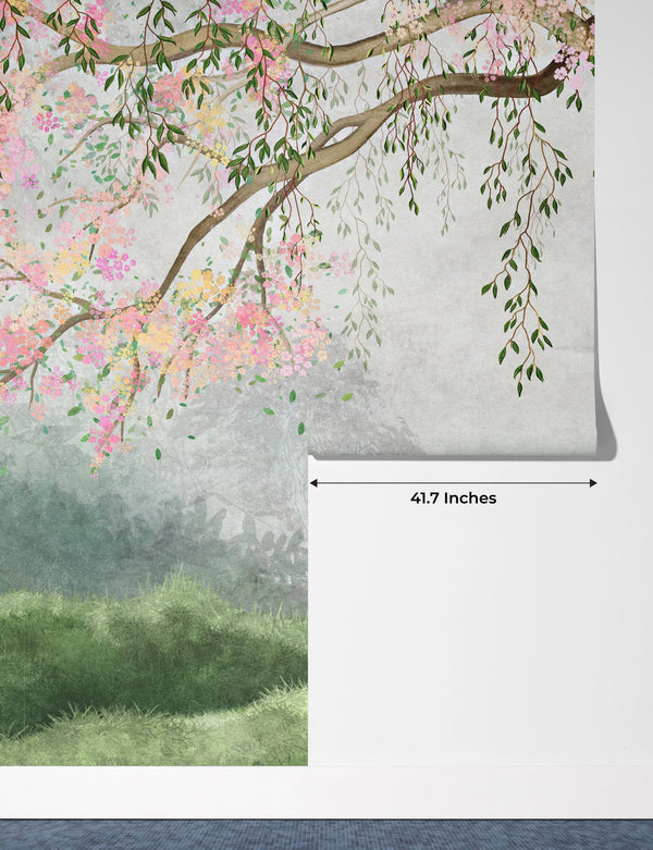 Willow Tree Wallpaper, Pink Flowers Mural, Oversized Custom Size Wall Art, Non-Woven, Non-Adhesive, Modern Wall Paper, Removable