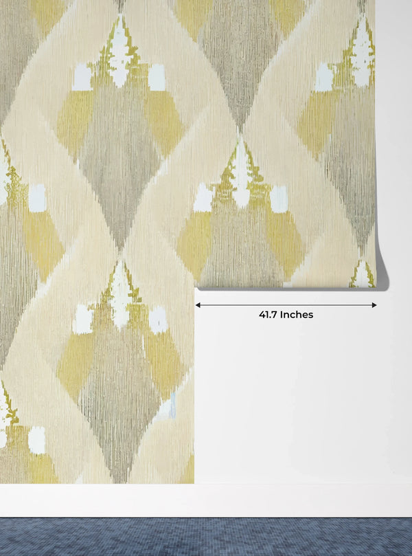 Ethnic Ikat Wallpaper, Yellow Boho Mural, Oversized Custom Size Wall Art, Non-Woven, Non-Adhesive, Modern Wall Paper, Removable