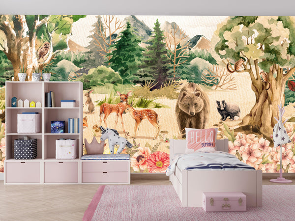 Forest Animals, Trees Wallpaper, Watercolor Mural, Oversized Custom Size Wall Art, Non-Woven, Non-Adhesive, Modern Wall Paper, Removable