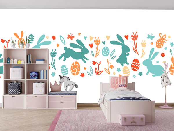 Easter Bunnies Wallpaper, Seamless Pattern Mural, Oversized Custom Size Wall Art, Non-Woven, Non-Adhesive, Modern Wall Paper, Removable