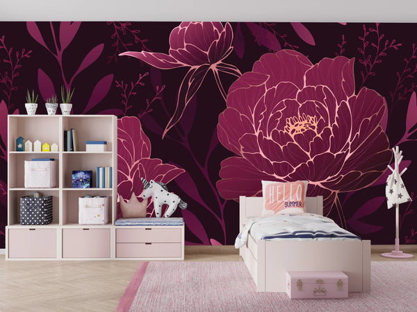 Burgundy Peonies Wallpaper, Luxury Mural, Oversized Custom Size Wall Art, Non-Woven, Non-Adhesive, Modern Wall Paper, Removable