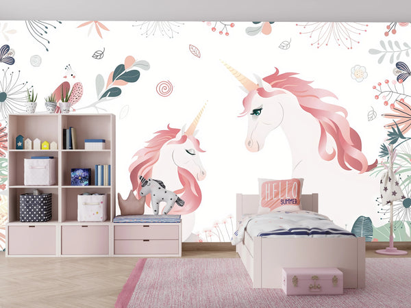 Cute Unicorns Wallpaper, Floral Mural, Oversized Custom Size Wall Art, Non-Woven, Non-Adhesive, Modern Wall Paper, Removable