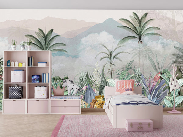 Misty Forest Wallpaper, Tropical Mural, Oversized Custom Size Wall Art, Non-Woven, Non-Adhesive, Modern Wall Paper, Removable
