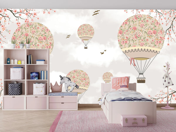 Kids Balloons Wallpaper, Tree Branches Mural, Oversized Custom Size Wall Art, Non-Woven, Non-Adhesive, Modern Wall Paper, Removable