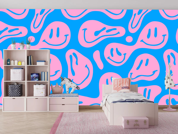 Funny Melting Wallpaper, Happy Face Mural, Oversized Custom Size Wall Art, Non-Woven, Non-Adhesive, Modern Wall Paper, Removable